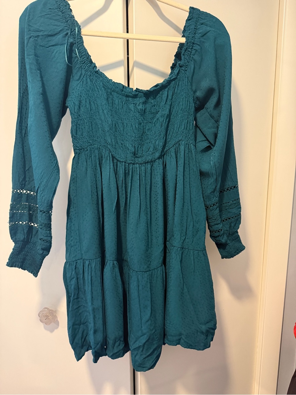 Teal Smocked Mini Dress with Long Sleeves
